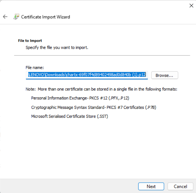 Windows の証明書インポート ウィザードのファイル選択画面（.p12/.pfx のパス）