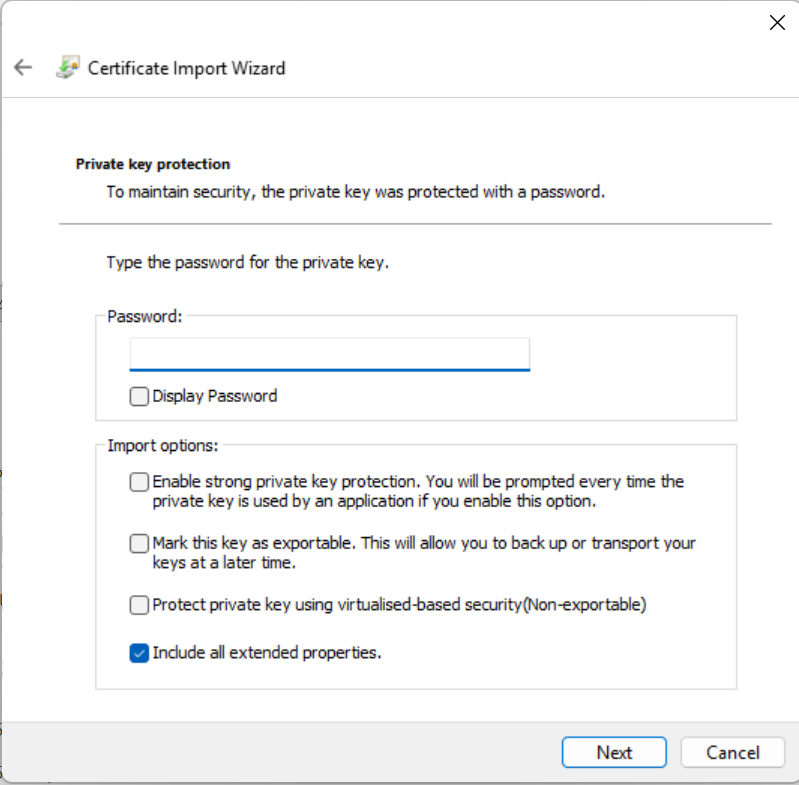 Windows の証明書インポート ウィザードのパスワード入力画面（プライベート キーの保護）