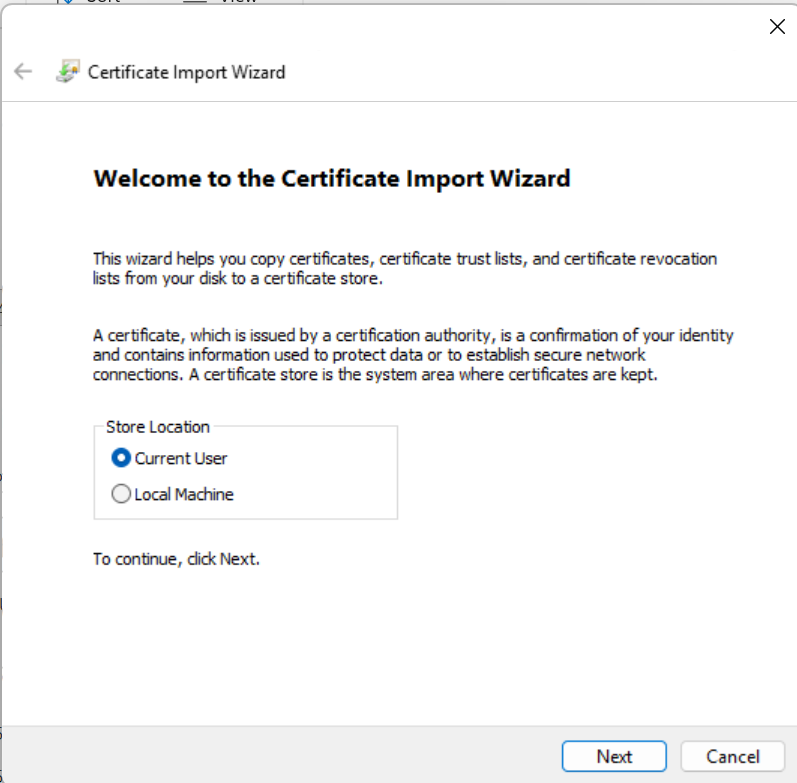 Windows の証明書インポート ウィザード開始画面（Current User を選択）